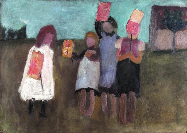 Paula Modersohn-Becker, Kinder mit Laternen vor Haus, um 1901, Leihgabe aus Privatbesitz