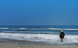 Person spaziert am Strand entlang des Meeres.