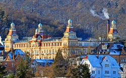 Großes, historisches Gebäude mit Türmen vor verschneitem Wald im Hintergrund.