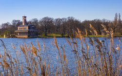 Historisches Gebäude am See mit Schilf im Vordergrund und Bäumen im Hintergrund.