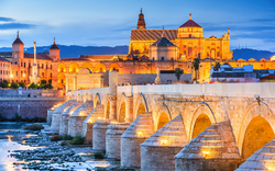 Alte Steinbrücke vor beleuchteter Kathedrale in einer Abendlandschaft.