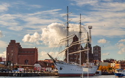 Hafen von Stralsund mit Segelschiff Gorch Fock, Segelboote und historische Gebäude im Hintergrund.