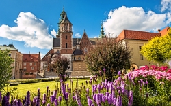 Historische Kathedrale mit üppigen Blumen im Vordergrund bei sonnigem Himmel.