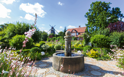 Brunnen im Park mit Mühle und blühenden Blumen im Hintergrund.