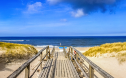 Holzsteg führt durch Dünen zum Meer unter blauem Himmel.