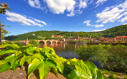 Blick auf eine alte Brücke und die Altstadt von Heidelberg bei sonnigem Wetter.