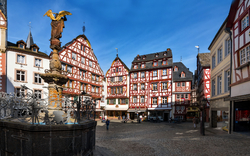 Stadtplatz mit Fachwerkhäusern und Brunnen, blauer Himmel im Hintergrund.