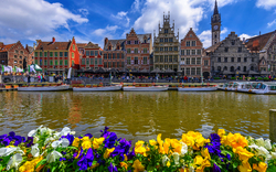 Blumenbeet vor bunten Häusern und Kanal in einer historischen Stadt bei klarem Himmel.