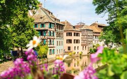 Malerische Fachwerkhäuser an einem Kanal mit blühenden Blumen im Vordergrund.