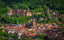 Ansicht von Heidelberg mit Schloss und Altstadt im Frühling.