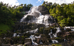 Wasserfall fließt über Felsen in bewaldeter Umgebung.