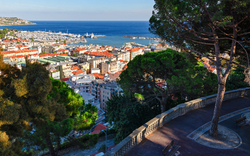 Aussicht auf Küstenstadt mit Hafen, Meer und Bäumen im Vordergrund.