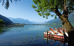 Tretboote am Ufer eines Sees, umgeben von Bergen und Bäumen.
