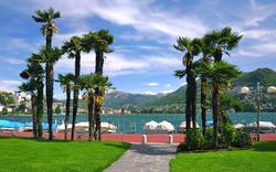 Aussicht auf einen See mit umliegenden Palmen und Bergen im Hintergrund an einem sonnigen Tag.