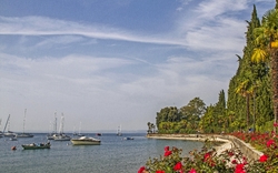 Boote auf einem See, gesäumt von Bäumen und Blumen, unter blauem Himmel.