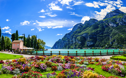 Blumenbeet vor See und Bergen bei Sonnenschein.