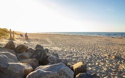 Sonniger Strand mit Meer und Felsen im Vordergrund.