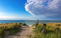 Weg zum Strand an der Ostsee in Zingst mit E-Bikes im Vordergrund und Blick auf das Meer.