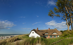 Reetgedecktes Haus in Dünenlandschaft an der Ostseeküste bei strahlend blauem Himmel.