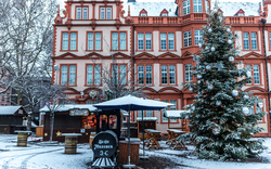 Weihnachtsmarkt mit geschmücktem Baum und altem Gebäude im Schnee.