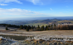 Landschaft mit Hügeln, Bäumen und klarem Himmel im Winter.