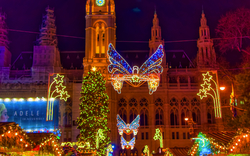 Beleuchtete Weihnachtsdekoration vor einem historischen Gebäude bei Nacht.