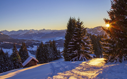 Winterlandschaft mit verschneiten Bäumen und Sonnenuntergang in den Bergen.