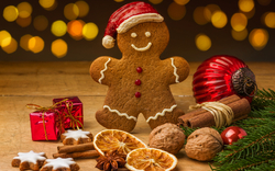 Lebkuchenmann mit Zimt, Nüssen und Weihnachtsdekoration.